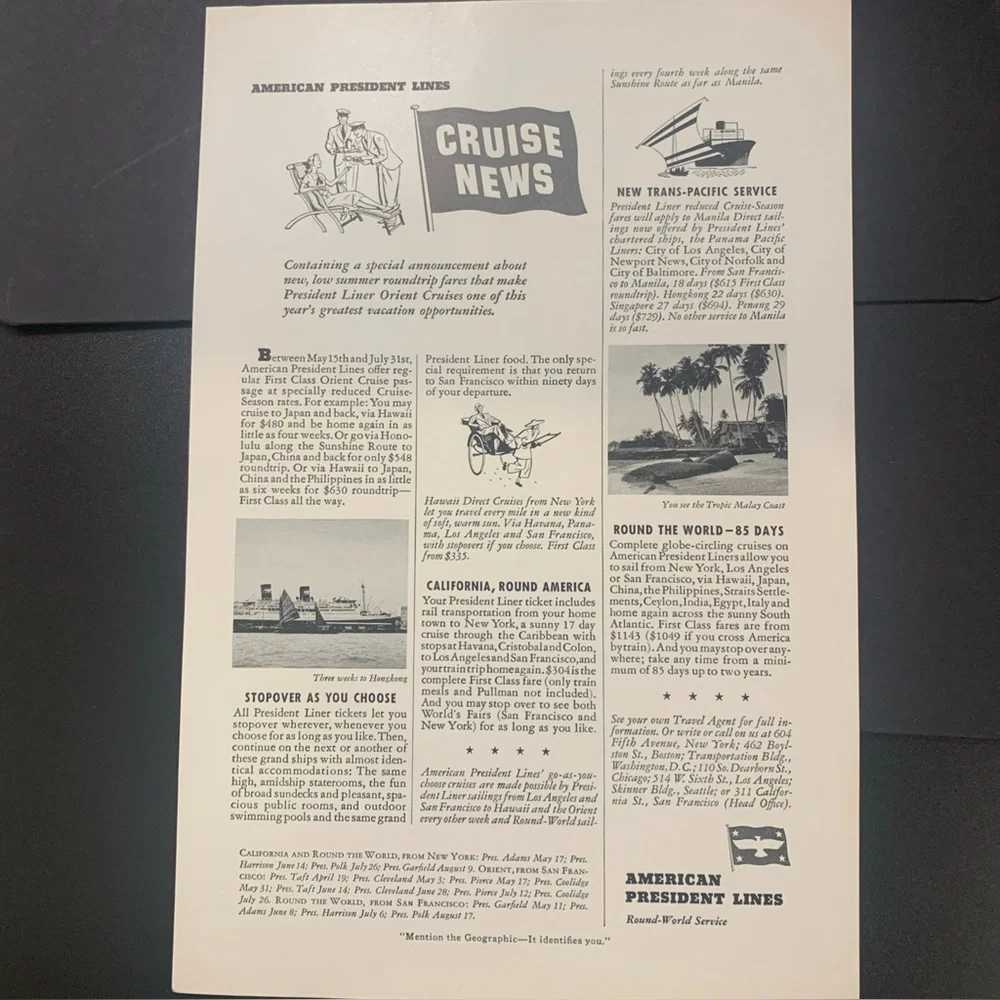 Vintage 1940 American President Lines Cruise News Orient Cruise Ad Advertisement